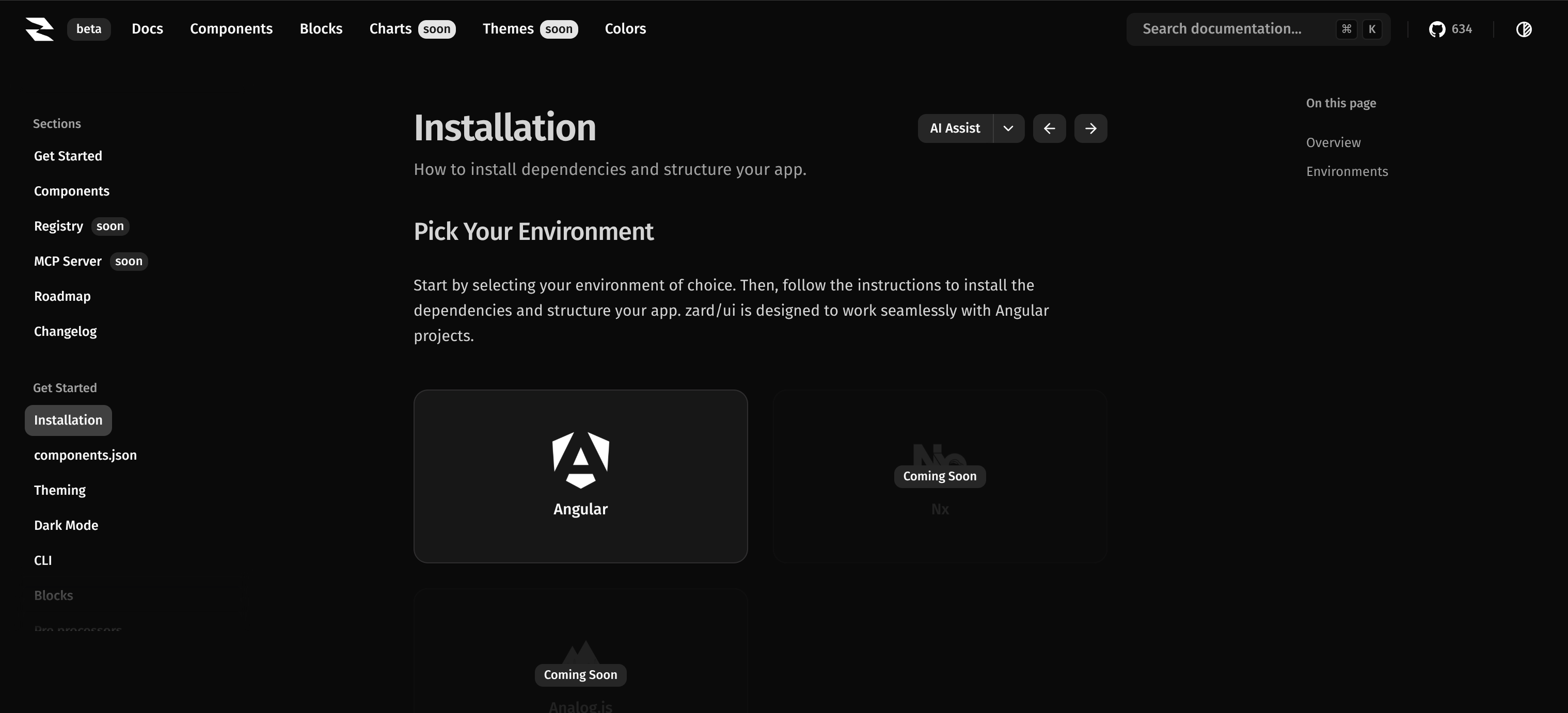 Zard/ui documentation site showing the installation page